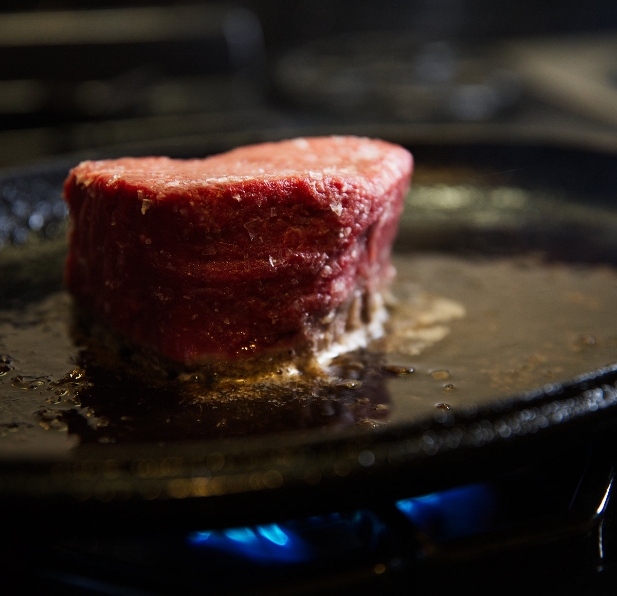 Close up of Kingsbury Wagyu Fillet Beef sizzling on a pan